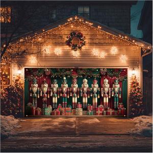 HOMETITUTE Christmas Garage Door Banner 13x6ft Nutcracker Holiday Decoration with Red Green Curtains Gift Boxes for Outdoor Xmas Party Wall Display Photo Backdrop House