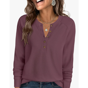 ANRABESS Women's Long Sleeve Waffle Knit Shirts Dressy Casual Loose Button Up V Neck Henley Tops 2025 Fall Basic Tee Blouse, Small