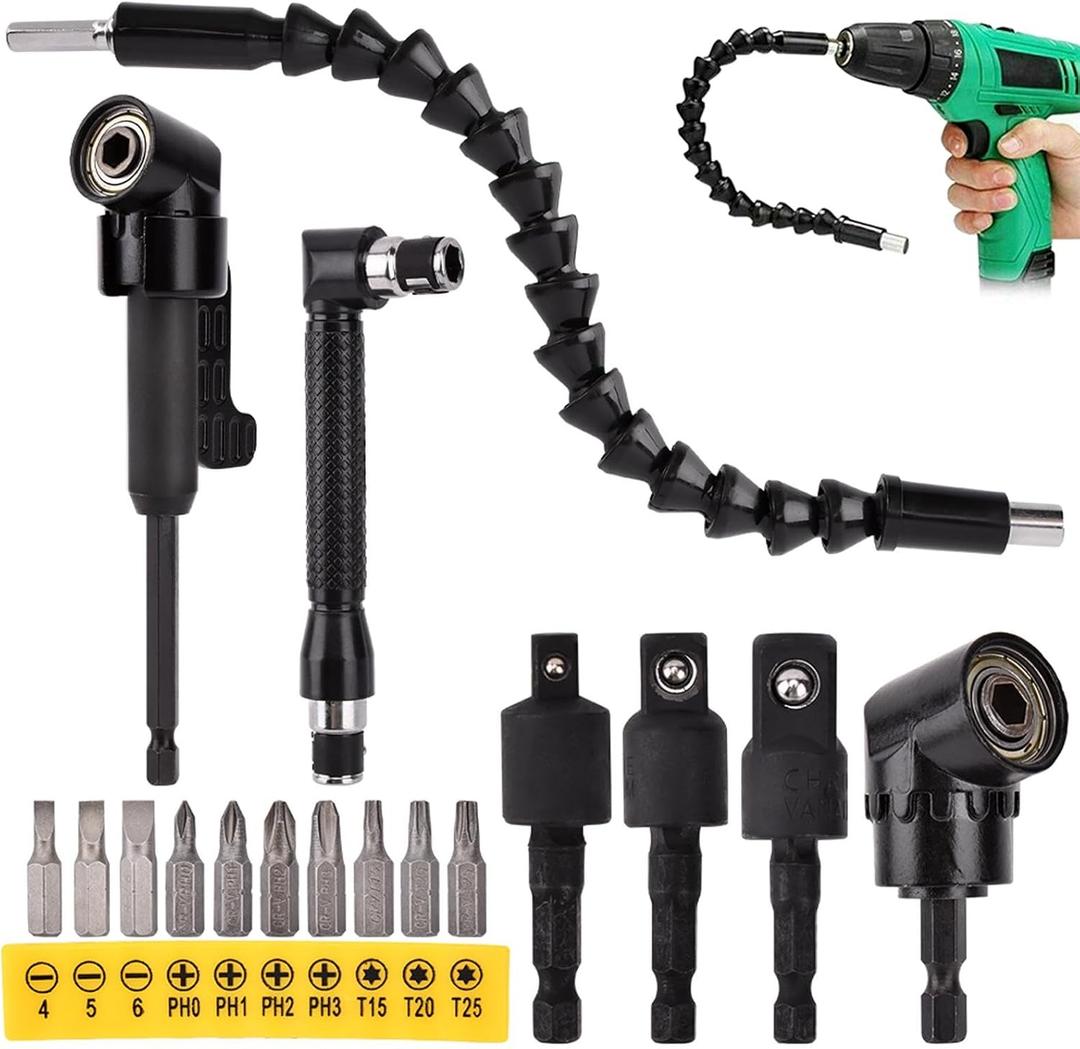 17Pcs Flexible Drill Bit Extension, Include 3Pcs Rotatable Socket Adapter 2Pcs Hex Shank 105° Right Angle Drill Attachment 10 Short Screwdriver Bits 90° Angled Bits and Bendable Extension