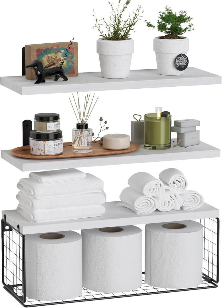 WOPITUES Bathroom Shelf Over Toilet, Floating Bathroom Shelf Wall Mounted with Wire Basket, Floating Shelf for Wall Dcor-Modern White (16.5inch)