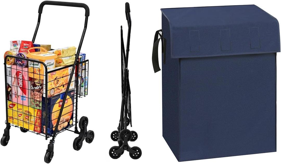 Grocery Shopping Cart with 360 Rolling Swivel Wheels Stair Climber with Blue Liner