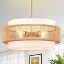 Boho Rattan Chandelier, 19.7" Large Boho Pendant Light with Fabric Lampshade, 4-Light Rattan Light Fixture Ceiling Hanging for Dining Room, Living Room, Bedroom, Kitchen Island, Hallway, Foyer, 19.7" Straight weaving