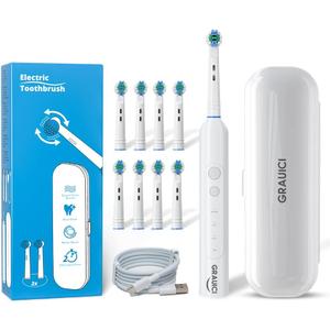 Deep Clean Rechargeable Electric Powered Toothbrush, Rechargeable Electric Toothbrush with 8 Brush Heads,Pressure Sensor to Protect Gums (White)