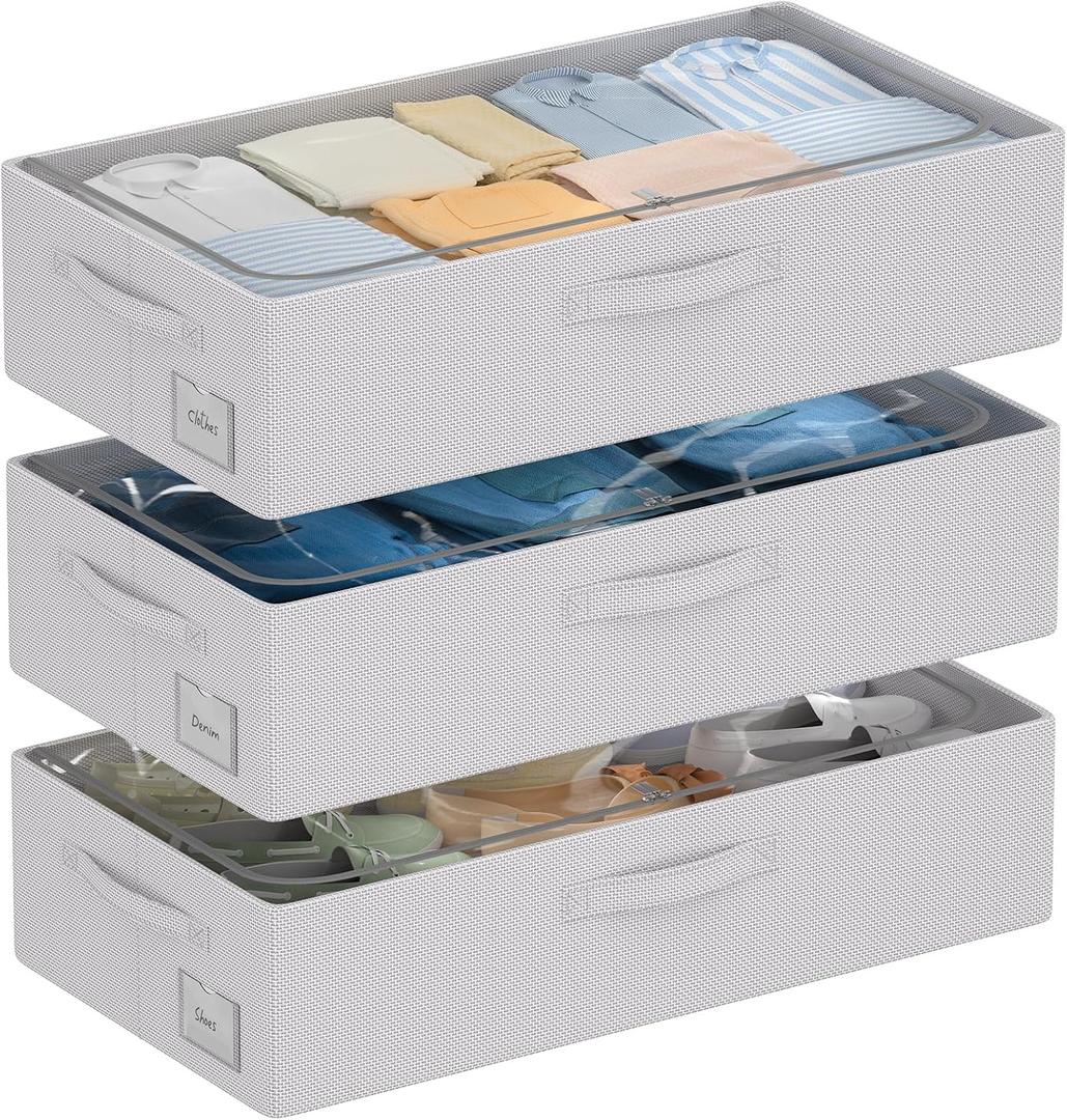 CYhom 3Pcs Under Bed Storage Bins with Metal Frame - Shoe Organizer for Closet with Clear Cover Oxford Fabric Sturdy Underbed Container Foldable Stackable Clothes Organizer (Grey, 23.5x11.8x6.3)