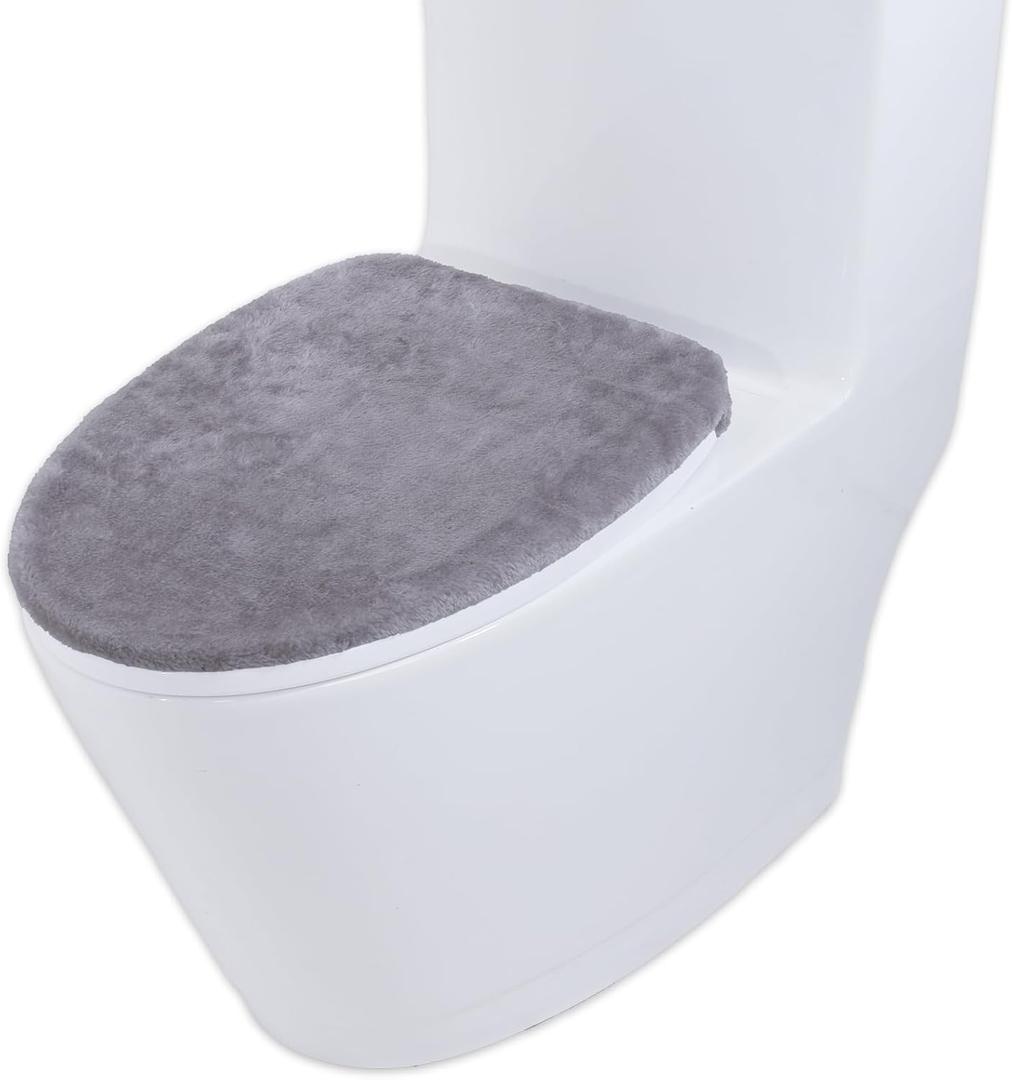 Toilet Lid Cover for Bathroom, Soft Velvet Toilet-Cover, Machine Washable Toilet Seat Covers, Absorbent Non-Slip Cover fits Most Round Elongated and Oblong Lids, Easy Installation Cleaning (Grey)
