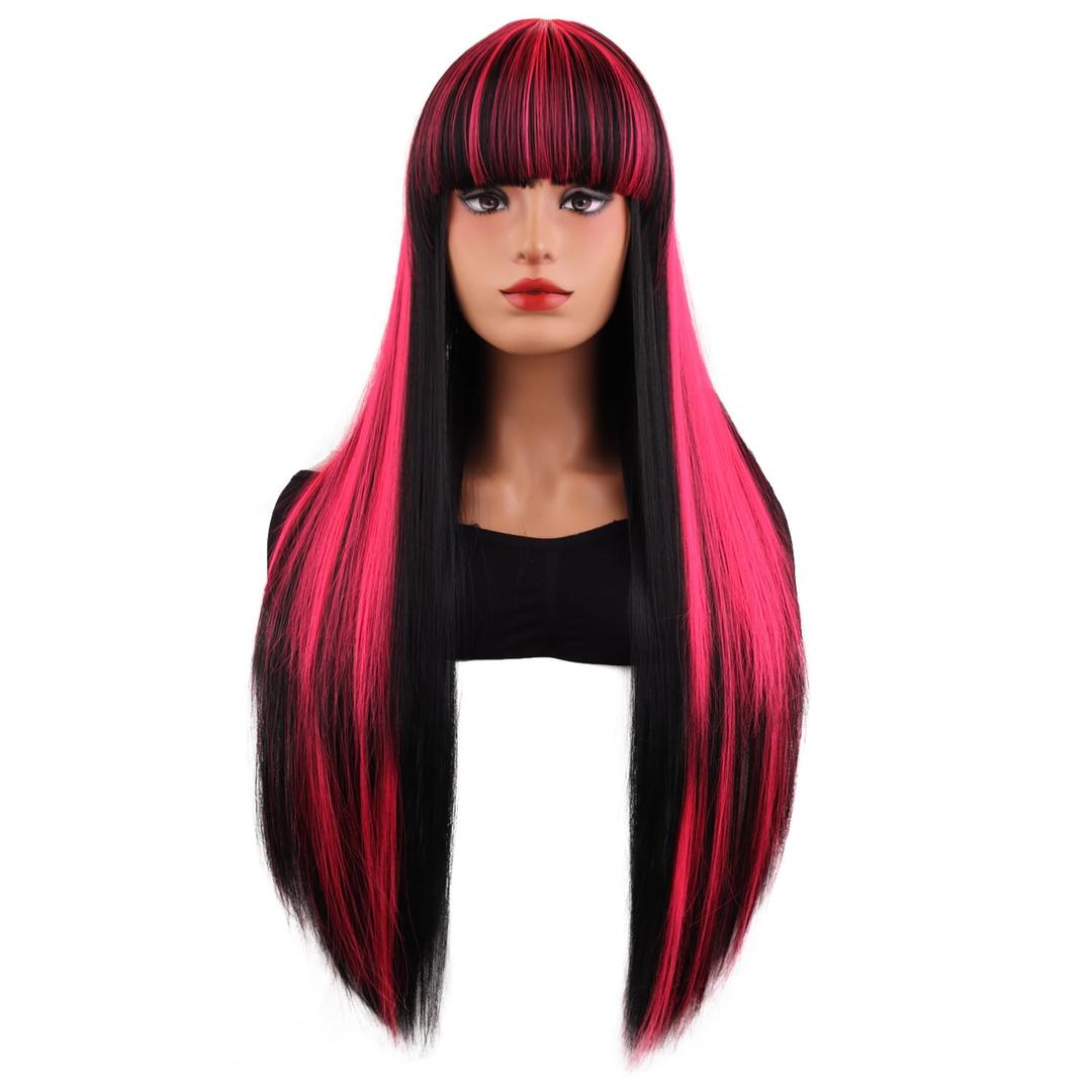 MAGQOO Black Pink Wig for Women Girls Long Straight Black and Pink Wigs with Bangs Synthetic Heat Resistant Halloween Cosplay Costume with Wig Cap