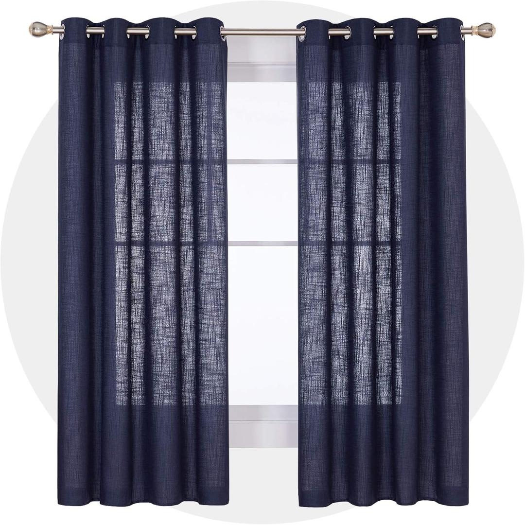 Deconovo Grommet Faux Linen Window Drapes Linen Look Panels Solid Curtains for Living Room Semi Sheer Curtains Navy Blue 52x72 Inch 2 Panels