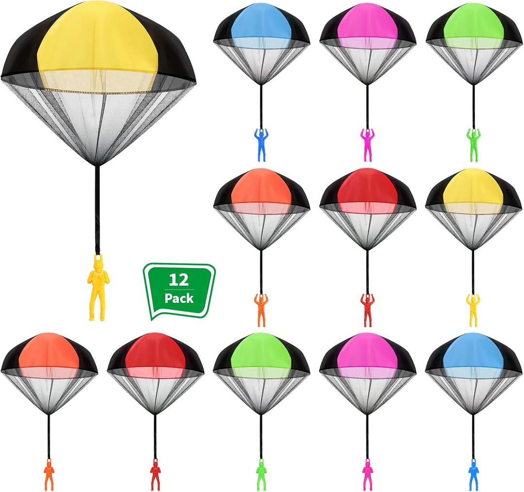 Sratte 12 Pieces Parachute Toy Hand Throw Flying Toys Parachute Men Toy Parachute Figures for Christmas Outdoor Landing Gifts, No Battery Nor Assembly Required (Simple Style)
