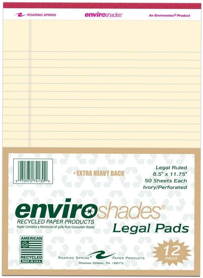 ROARING SPRING Enviroshades Recycled Colored Legal Pads, Ivory, 12 Pack, 8.5" x 11", Legal Ruled, 50 Sheets Per Pad, 15 lb Perforated Paper, Made in USA