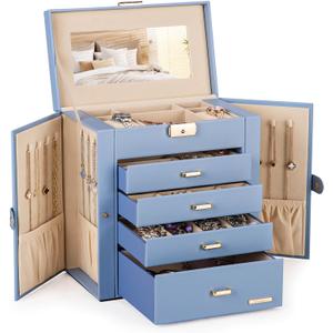 Homde Synthetic Leather Huge Jewelry Box Mirrored Watch Organizer Necklace Ring Earring Storage Lockable Gift Case (Grey Blue + Gold)