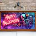 Halloween Garage Door Banner 13x6ft Neon Skeleton Decor Happy Halloween Sign Pumpkin Lantern Brick Wall Spider Web Spooky Party Decorations Creepy Backdrop Indoor Outdoor