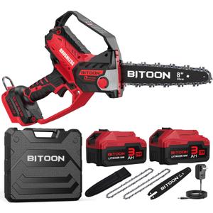 BITOON 8-Inch Mini Chainsaw with 2PCS 3.0Ah Battery and Charger, Auto-Oiler, Brushless Cordless 8-Inch and 6-Inch 2-in-1 Pruning Chain Saw, Portable Electric Chainsaw for Cutting Wood, Branches Red