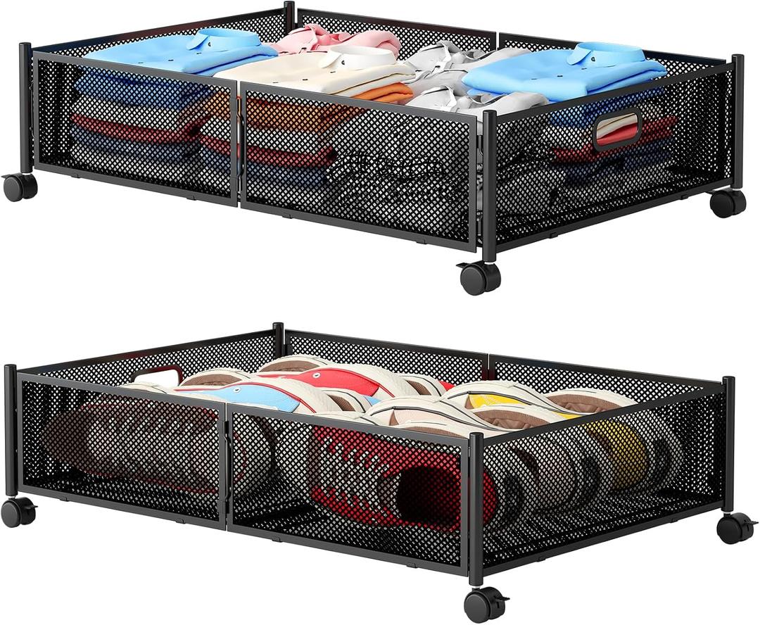 Gawerk Under Bed Storage with Wheels, Foldable Metal Mesh Underbed Storage Container Bins, Tool-free Assembly Clothes Drawer Organizer,2Pack