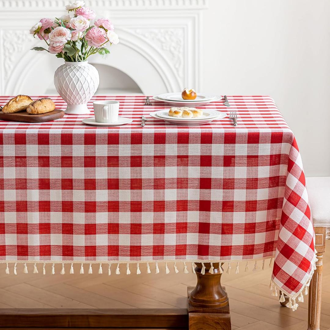Checkered Tablecloth Rectangle Cotton Linen Gingham Table Cloth with Tassel Washable Wrinkle Free Heavy Duty Buffalo Plaid Table Cover for Dining/Party/Picnic (Red, 55" x 70" (Rectangular))