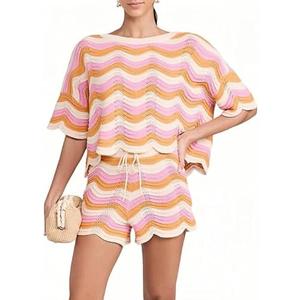 NIFTRIRY 2 Piece Sets for Women Short Sleeve Striepd Crochet Cover Up Tied Shorts Beach Clothes Pink, Size S