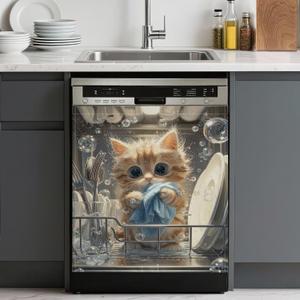 Cat Cleaning Dishes Dishwasher Magnets Cover for Kitchen Decor, Refrigerator Magnet Panel,Washable Reusable Appliance Front Cover for Housewarming Gifts,23 x 26 Inch