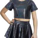 Happy Cherry Kid Girl Shiny Skirt and Top Set 2 Pcs Short Sleeve Metallic Disco Crop Top & Pleated Mini Skirt Set, 12-13