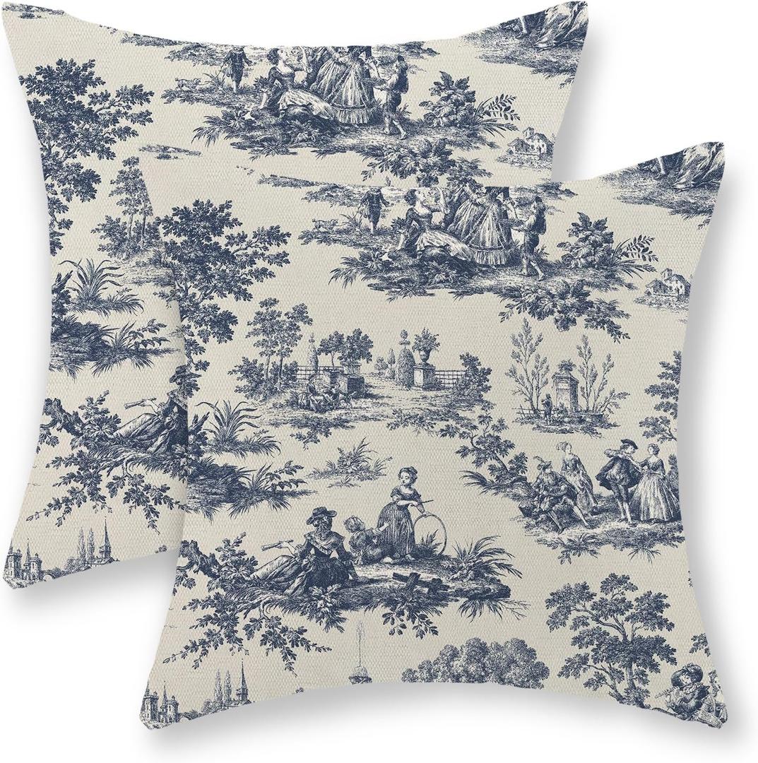 French Country Pillow Covers 20x20 Set of 2 Vintage Toile Blue Throw Pillows French Country Decor Outdoor Pillowcase Rustic Cottage Linen Decorative Farmhouse Cushion Case for Couch Bed Sofa