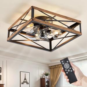 LEDIARY 20 Caged Low Profile Ceiling Fans with Lights and Remote, Rustic Square Flush Mount Ceiling Fan, 6 Speed and Reversible, Small Farmhouse Bladeless Ceiling Fan for Bedroom, Kitchen,Dining Room