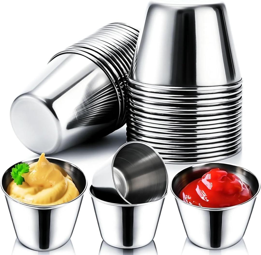 30 Pack Metal Sauce Cups, 2.5 OZ & 1.5 OZ Stainless Steel Ramekin Condiment Dishes, Reusable Dipping Sauce Cup, Small Individual Portion Cups, Commercial Grade Sushi Dipping Bowl Appetizer Plates