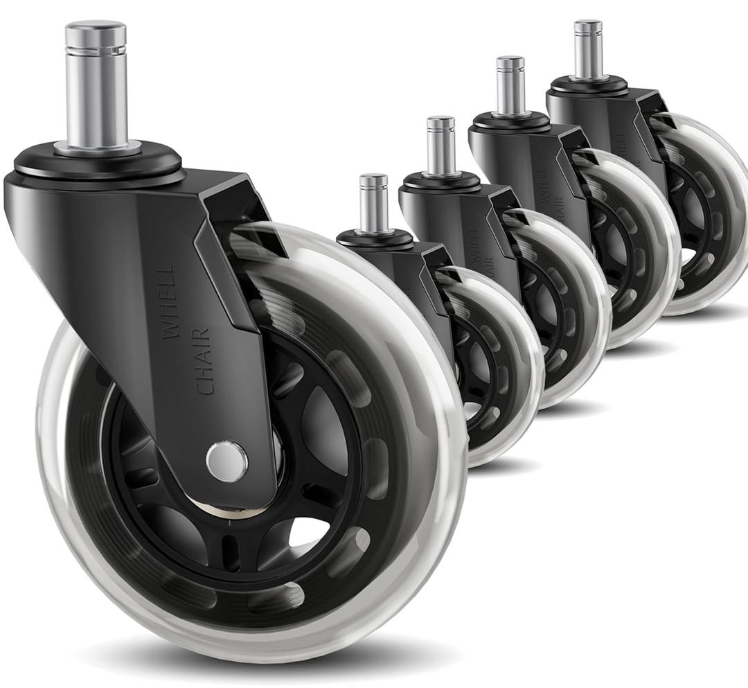 Office Chair Wheels 3" Inch Roller Blade Rubber Chair Casters Replacement, Heavy Duty Quiet No Scratch Gaming Chair Wheel for Hardwood Floor Carpet, Set of 5, 11mm Universal Fit/Not for 1KEA (transparent)