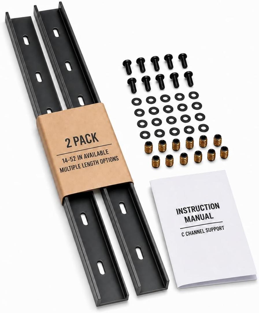 HYPERGIANT C Channel Table Stiffener, 3mm Powder-Coated Steel Hidden Bracing Support with Mounting Hardware for Live Edge Slab, Desk, Bench, Workbench and Tabletop Woodworking, 32 x 2 in, 2 Pack