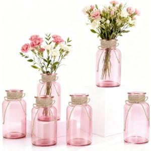 Vintage Glass Flower Vase, Farmhouse Glass Centerpiece Vases Mason Jars for Weddings, Parties & Home Decor Bulk (6, Pink)