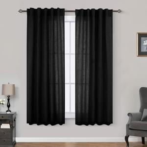 Mrs.Naturall Black 36x54 Inches Long Back Tab Linen Blend Sheer Curtains