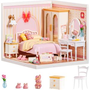 Rolife Super Creator Kits Pink Bedroom, Tiny House Building Blocks for Little Dolls, DIY Plastic Mini House Model Building Kits for Teens Aged 14+, DIY Crafts/Hobbies for Adults (Lovely Pink Bedroom)