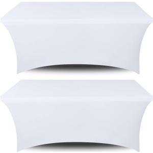 Stretch Spandex Table Covers 6FT, Pack of 2 Fitted Tablecloths for Rectangle Tables, Stretchy Wrinkle Resistant Folding Table Cover, White