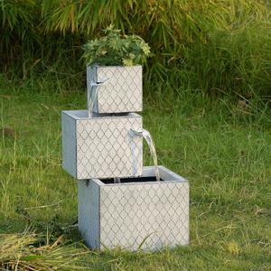 Rectangle 3 Tier Metal Fountain with Planter and LED Lights, Outdoor Galvanized Metal Water Feature with LED Light, Cascading Flow, Durable Garden Decor, Patio Fountain & Built-in Planter, AC Powered