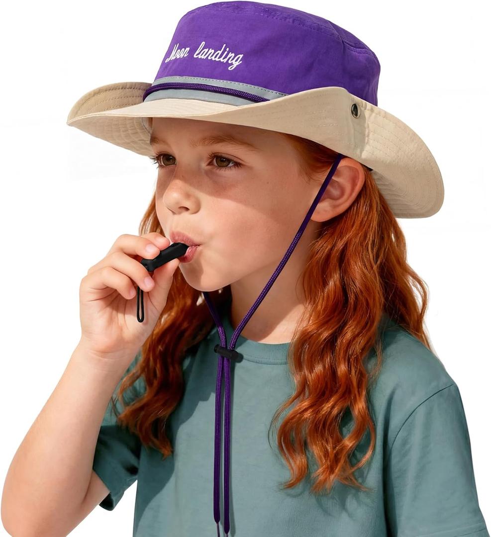 Outdoor Kids Sun Hat with Whistle,UPF 50+ Adjustable Wide Brim Bucket Hat for Boys Girls Beach UV Block Cap