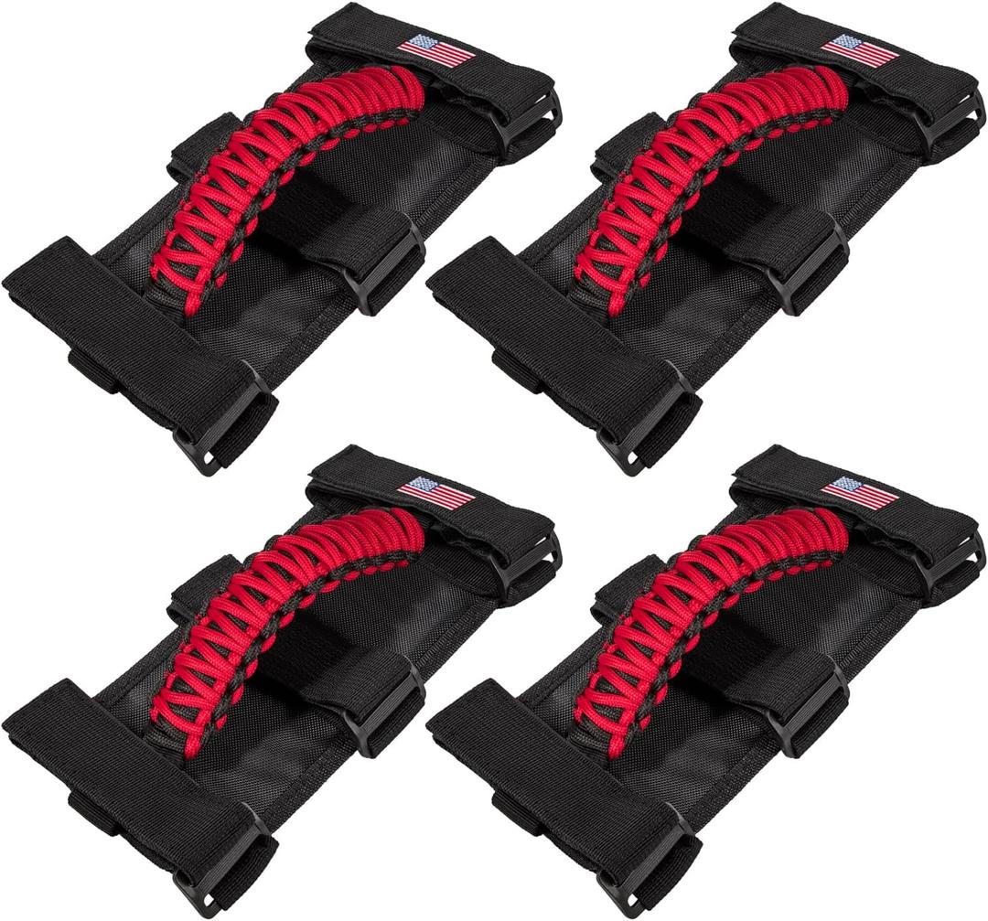 4 x Roll Bar Grab Handles Grip Handle for Jeep Wrangler JK JKU JL JLU TJ YJ Sport Sahara Freedom Rubicon Unlimited Gladiator JT 1955-2023 UTV ATV Premium Paracord Interior Accessories US Flag (Red)