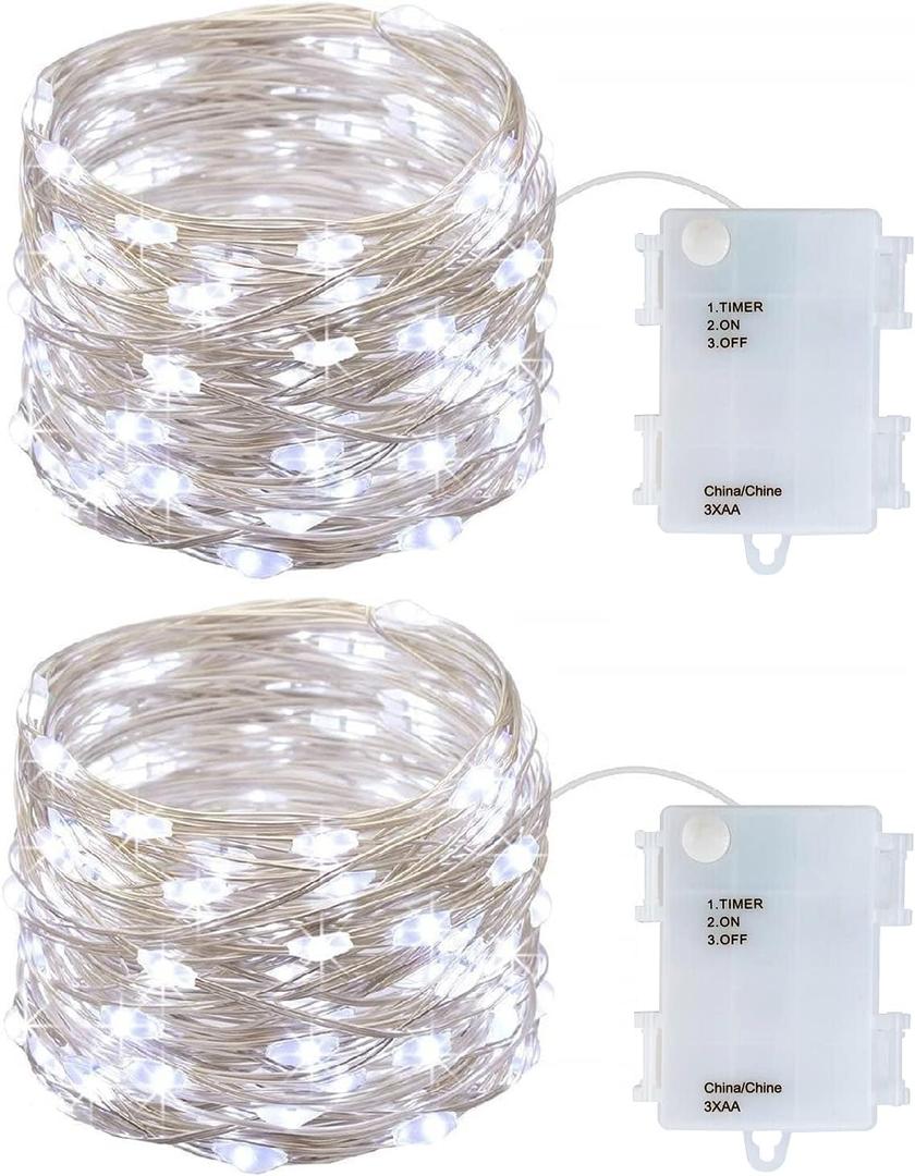 2 Pack Battery Operated Mini Led Fairy Lights Dewdrop Garland Lights with Timer 6 Hours on/18 Hours Off for Wedding Party Decorations,50 Leds 18 Feet Silver Wire (Cold White)
