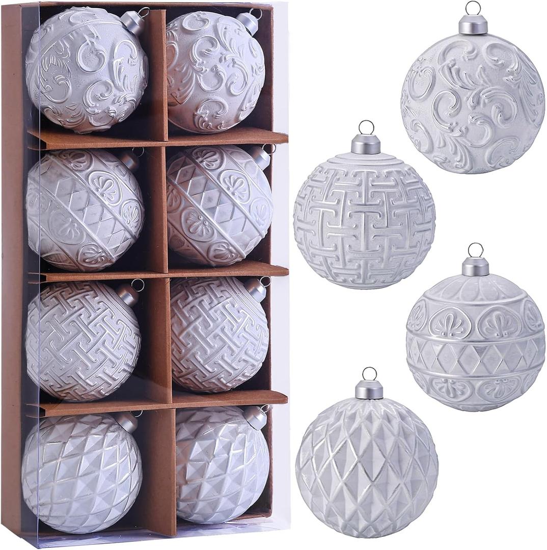 3.15" Vintage Christmas Ball Ornaments, Rustic Silver & White Distressed Christmas Ornaments Set, Shatterproof Farmhouse-Style Tree Decorations for Xmas Home Holiday Dcor(Pack of 8)