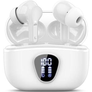Wireless Earbuds, Bluetooth 5.4 Headphones HiFi Stereo, Bluetooth Earbuds with ENC Noise Cancelling Mic, IP7 Waterproof in Ear Earphones, 48H, LED Display Ear buds for Pad Phones Workout Sports, White