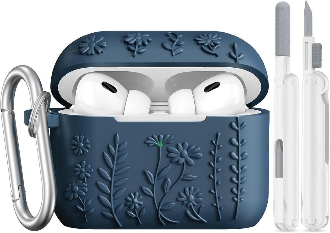 AIRSPO Airpod Pro 2nd Generation Case, 3D Floral Embossed Soft Silicone Protective Cover with Cleaner Kit for Apple Airpods Pro 2nd 1st Gen Case with Keychain (2023/2022) (Midnight Blue)