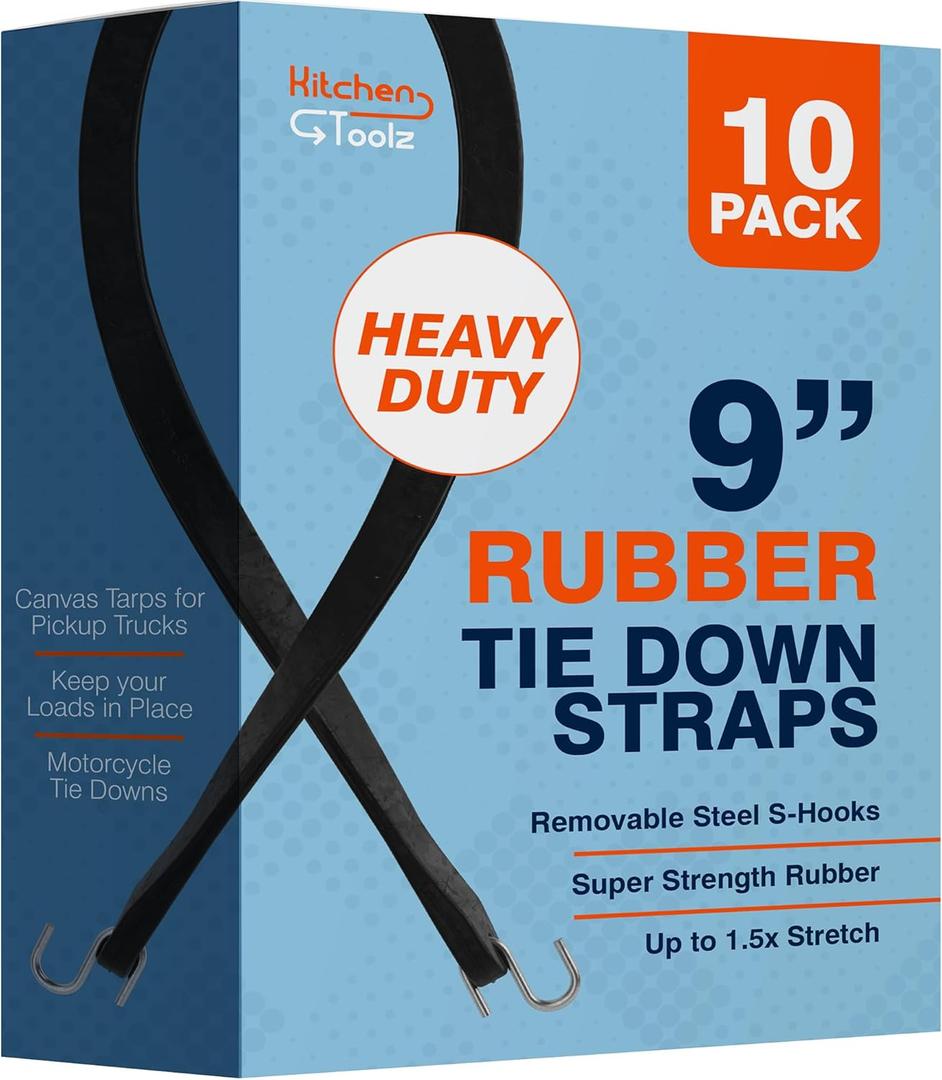 Rubber Bungee Cords with Hooks - 9 Inch 10 Pack - Heavy Duty Outdoor Flatbed Tarp Straps Bungie Tie Downs - Natural Rubber