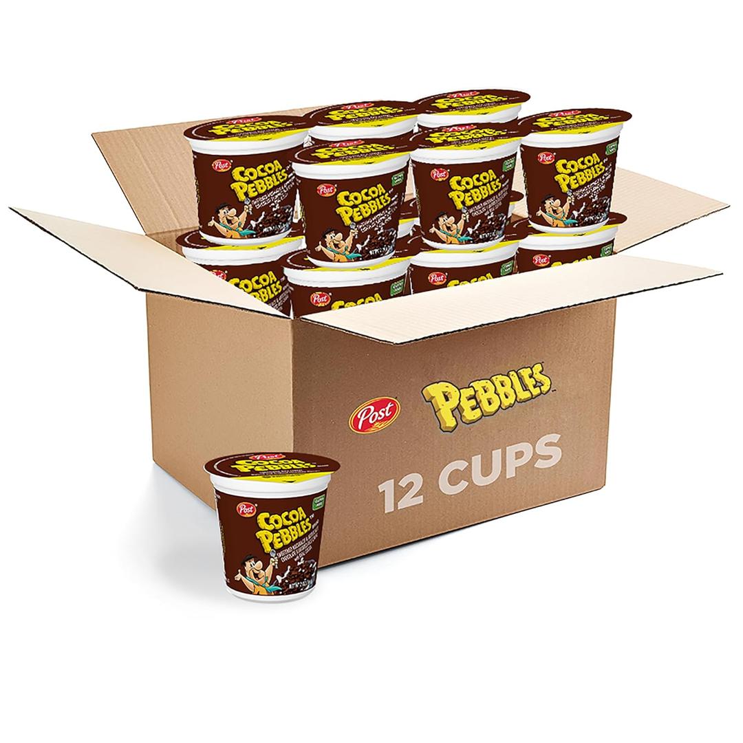 Cocoa PEBBLES Chocolate Breakfast Cereal for Kids, Gluten Free, Made with Sweetened Puffed Rice, On-the-Go Snack, 2 oz Individual Cup (Pack of 12) (EXP 06/01/27)