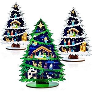 Cinrobiye 3 Pcs Christmas Nativity Scene Table Decorations Jesus Christian Table Topper Wooden Christmas Tree Tabletop Centerpieces for Home Office Mantel Fireplace Xmas Holiday Table Decor (Tree1)