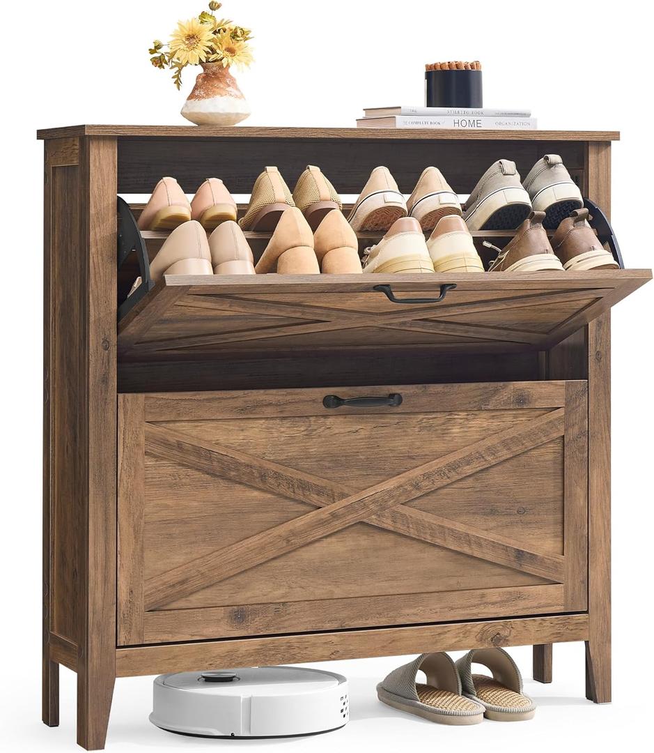 VASAGLE LIRY Collection - Shoe Storage Cabinet Organizer with 2 Flip Drawers, Freestanding Narrow Shoe Rack Cabinet for Entryway, Farmhouse Style, Fits 12 to 16 Pairs, Honey Brown UHSC201K01