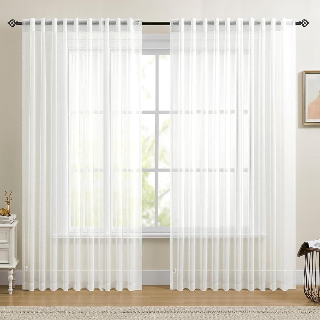Dreaming Casa White Sheer Curtains 84 Inches Long, Rod Pocket & Back Tab Light Filtering Textured Sheers for Living Room Bedroom, 2 Panels, Each 100" W x 84" L