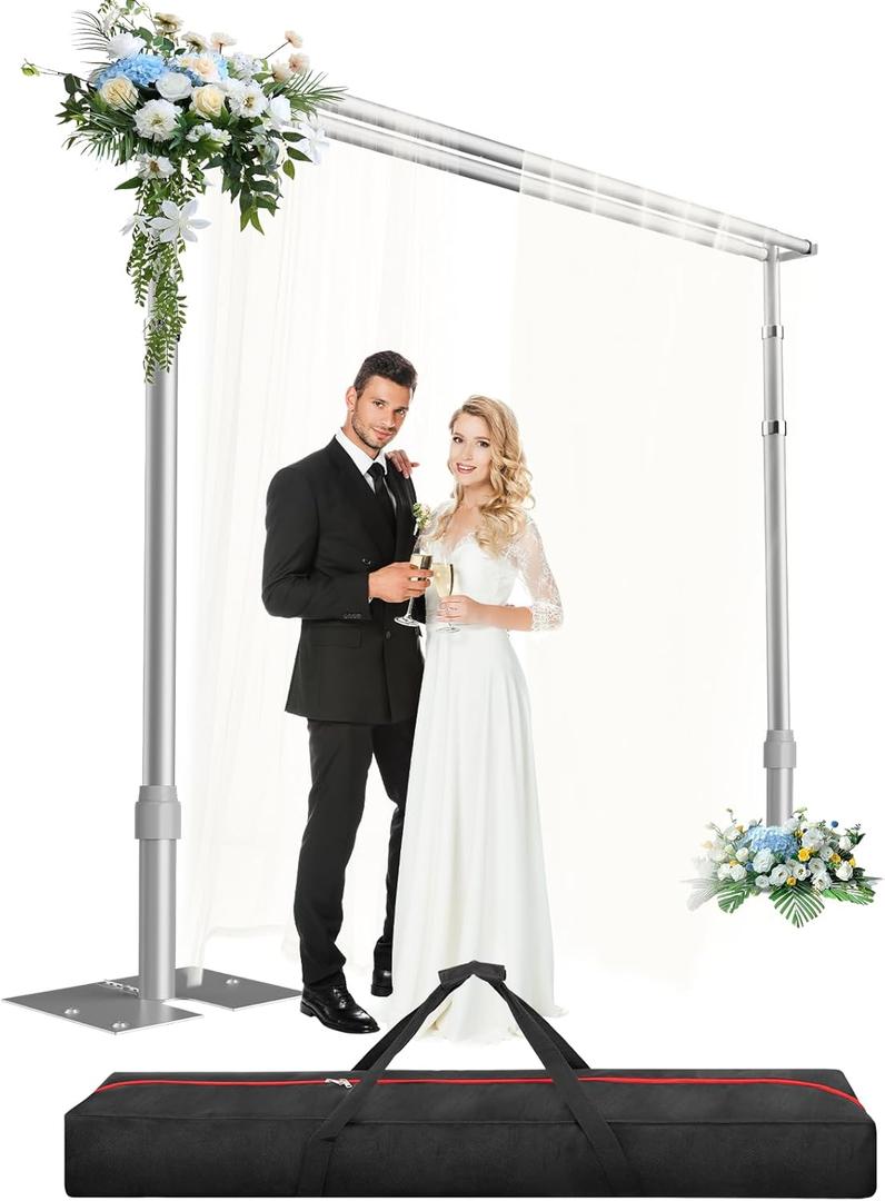 Heavy Duty Backdrop Stand 8.9x10ft, Double Crossbar Pipe and Drape Backdrop Stand Kit, Adjustable Metal Frame, Background Stand for Wedding Photography Birthday Party Decorations (Sliver)