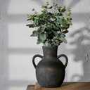 SIDUCAL Rustic Ceramic Farmhouse Flower Vase with 2 Handles, Terracotta Vase, Decorative Pottery Flower for Home Decor, Table, Wedding, Living Room, Shelf Decor, 7.3 Inch, Black Bronze