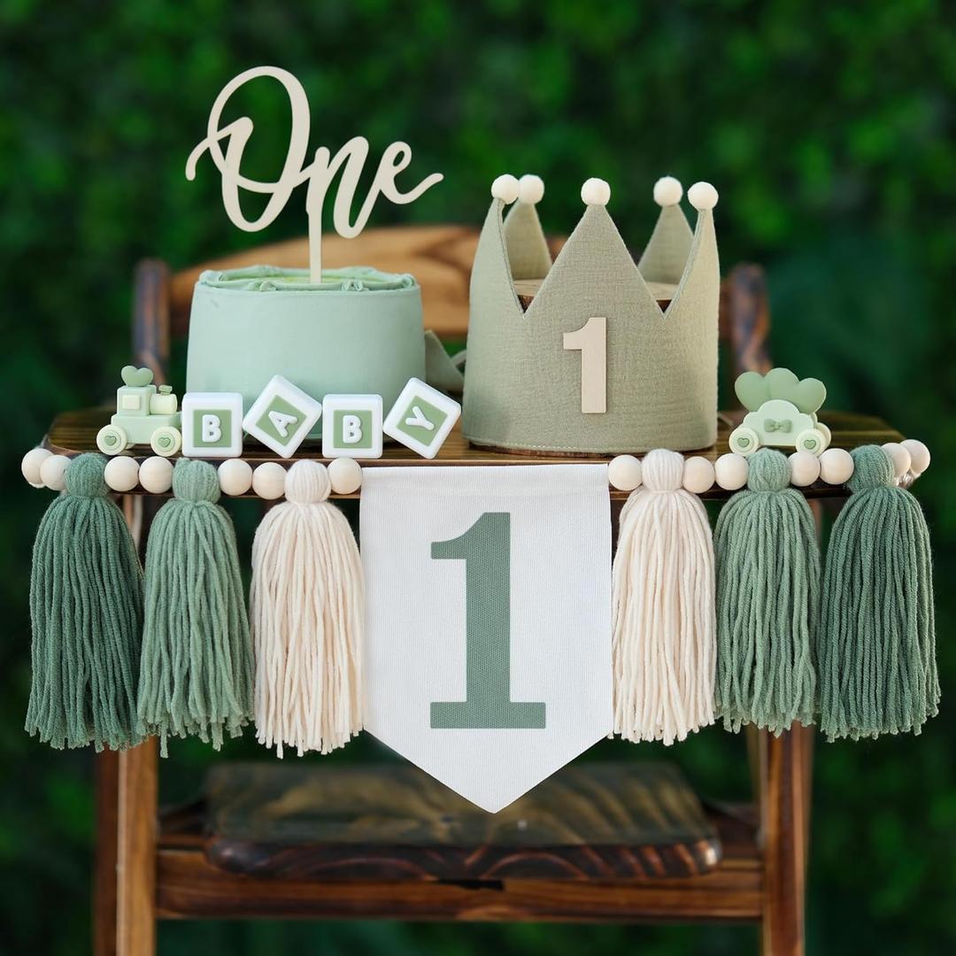 Wild One High Chair Banner For 1st Birthday Party Boy Decorations With Green Tassel Garland Crown Hat Cake Topper