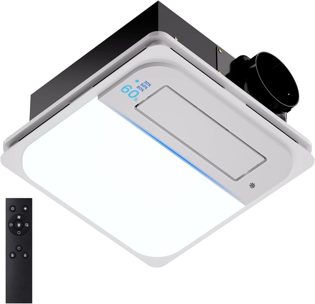Bathroom Exhaust Fan with Humidity Sensor, Light and Heater - 190 CFM Quiet 1.0 Sone Vent Fan, 1800W Heat, 1500LM LED, Remote Control, Easy Install UL Certified