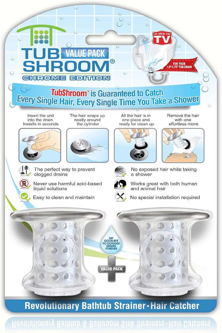 TubShroom Bathtub Drain Protector and Hair Catcher - 2 Pack, Chrome - Fits 1.5" - 1.75" Bathtub and Shower Drains (Chrome)