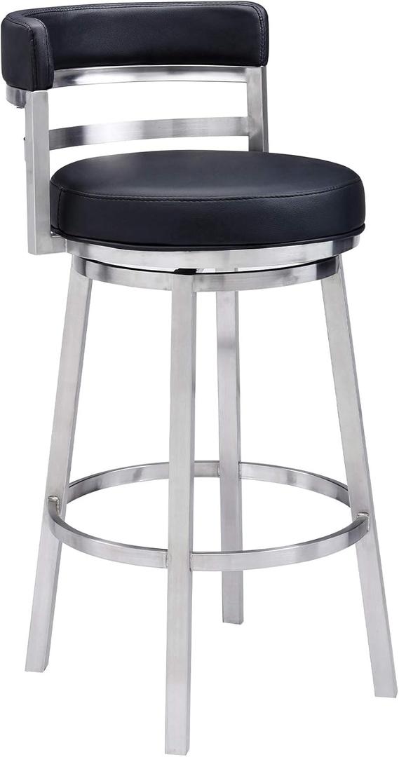 Armen Living Madrid 30" Seat Height Swivel Modern Black Faux Leather and Brushed Stainless Steel Bar Stool for Kitchen Island Counter