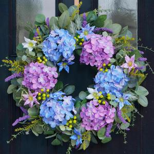 24 Inch Spring Summer Wreaths for Front Door - Blue & Purple Hydrangea Spring Door Wreath, Monet-Inspired Floral Decor with Hydrangea and Clematis for French Country, Spring and Summer, Indoor Outdoor