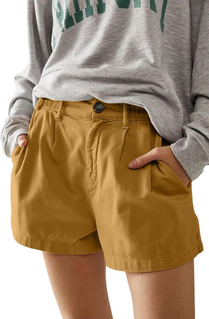 Allimy Womens 2026 Casual Summer Elastic Waist High Waist Pleated Button Zipped Shorts Wide Leg Trousers with Pockets (Brown, XXL)